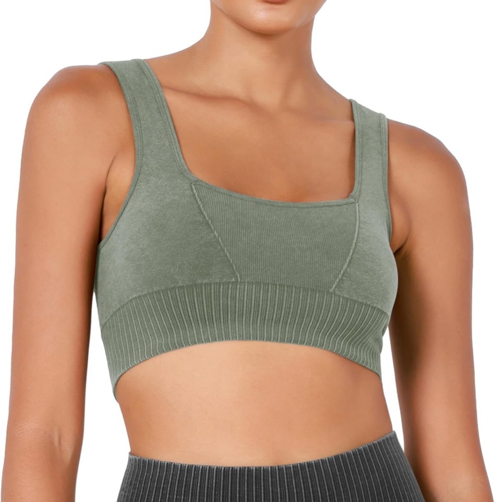 Seamless Square Neck Sports Bra Women Ribbed Crop Tank Casual Low Back Crop Tops - Picture 4 of 6